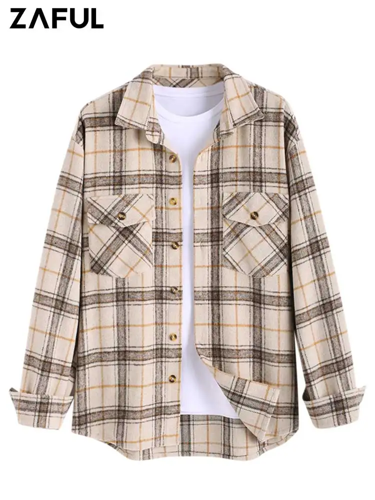 

ZAFUL Casual Men's Shirt Jacket Wool Blend Cargo Shacket Plaid Long Sleeve Streetwear Outerwear with Flap Pockets Z5102913