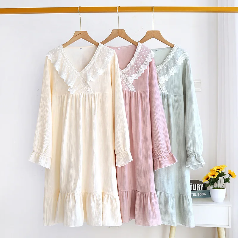 Princess Nightdress Cotton Spring Autumn Double Gauze V-Neck Lace Long Sleeve Washed Crepe outdoor over The Knee Home nightgown
