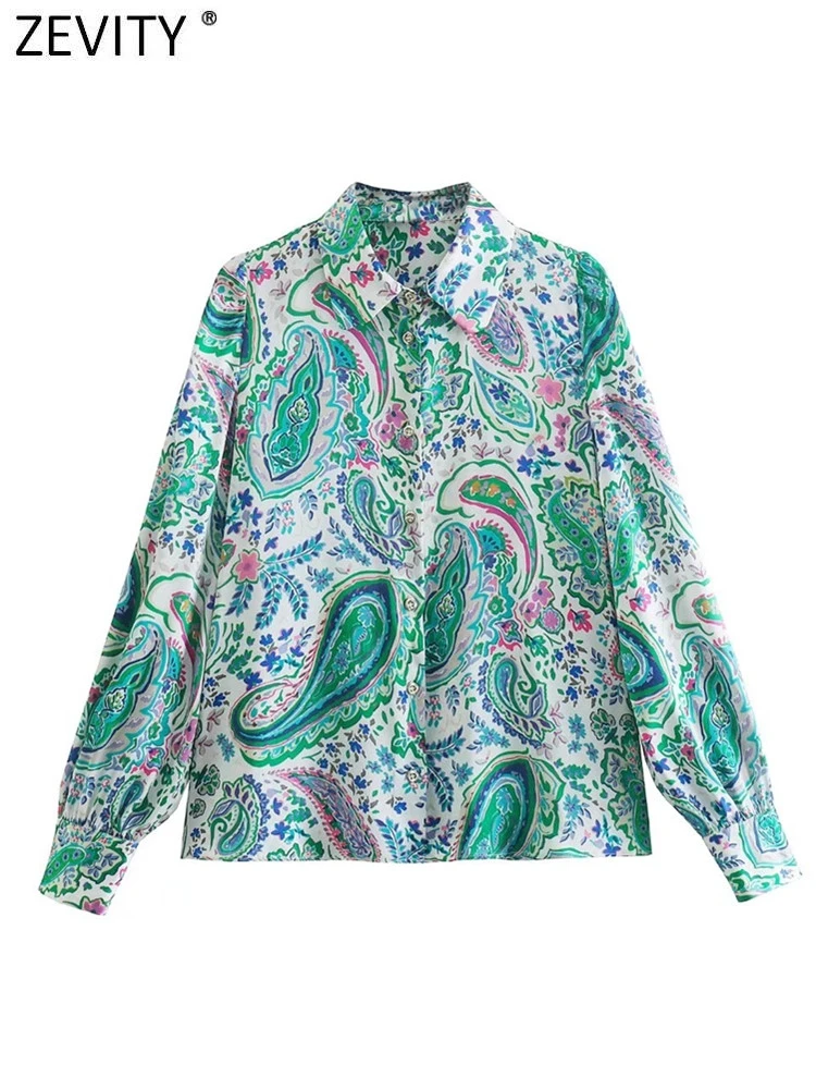 Zevity kadın moda yeşil kaju fındık baskı bluz ofis bayan tek göğüslü saten gömlek Chic Chemise Blusas LS10058 Tops