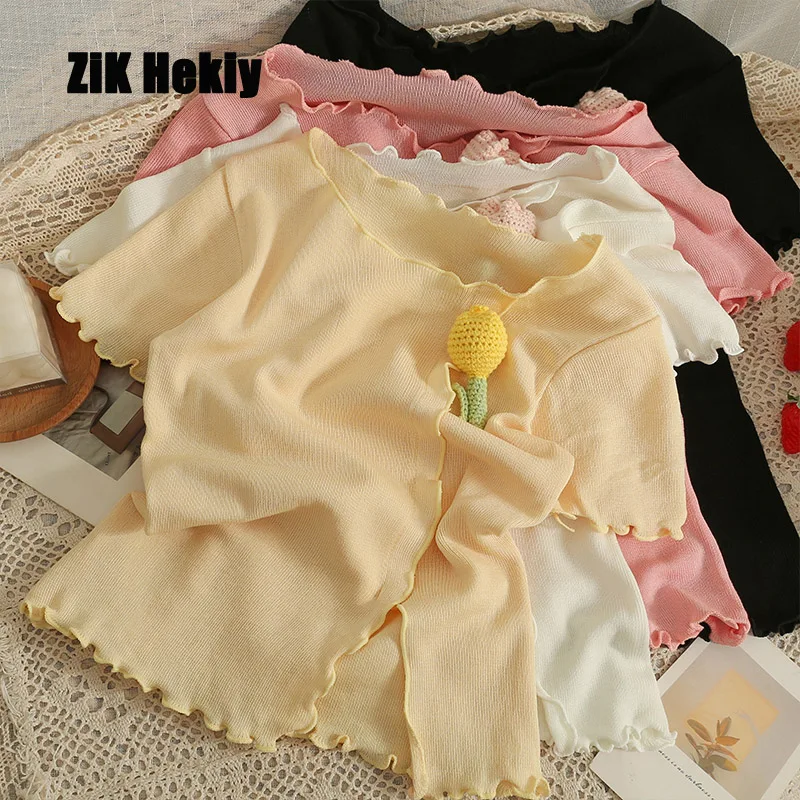 

Zik Hekiy Women Summer Wooden Ears Short-Sleeved Thin Section Of The Top Female New Short Section Of The Hundred Knitted Women