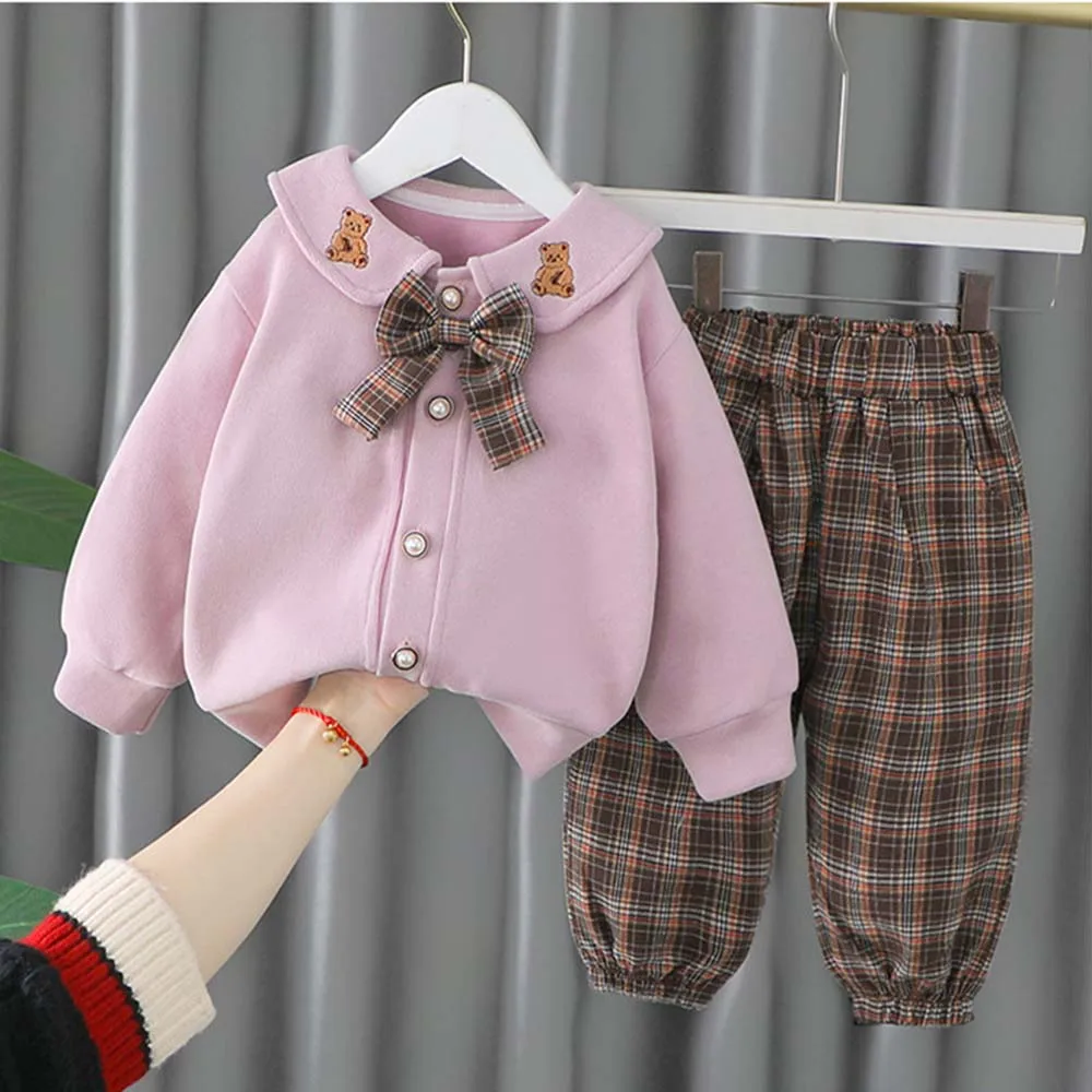 

Melario Kids Baby Clothes 2023 Spring Autumn New Girls Plaid Suit Embroidered Bear Coat Plaid Trousers Fashion Cute Bow Suits