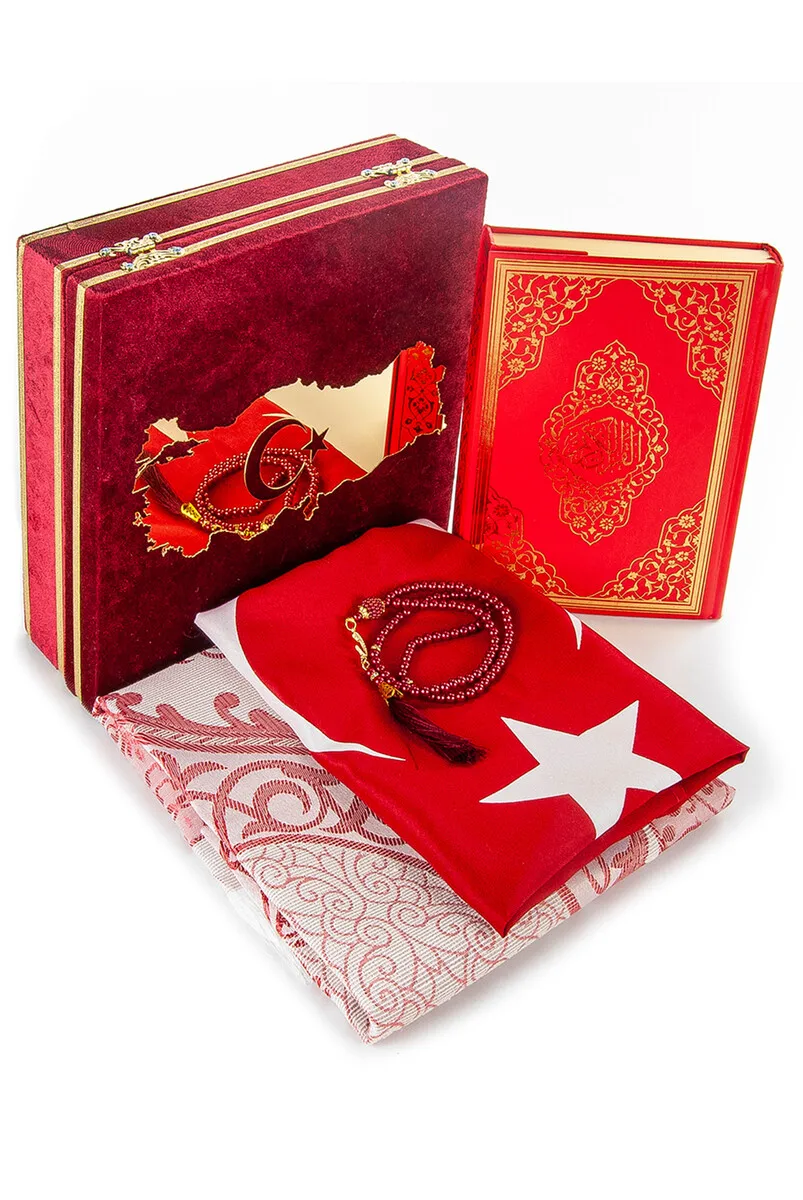 IQRAH Turkey Map Flag Velvet Boxed Quran and Prayer Rug Set Red