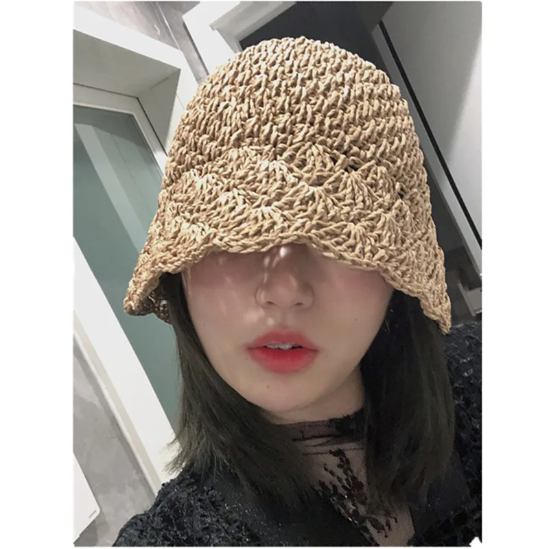 

Ins Niche Straw Crochet Handmade Bucket Hats Japanese Summer Sunshade Fisherman cap Basin Hat Women