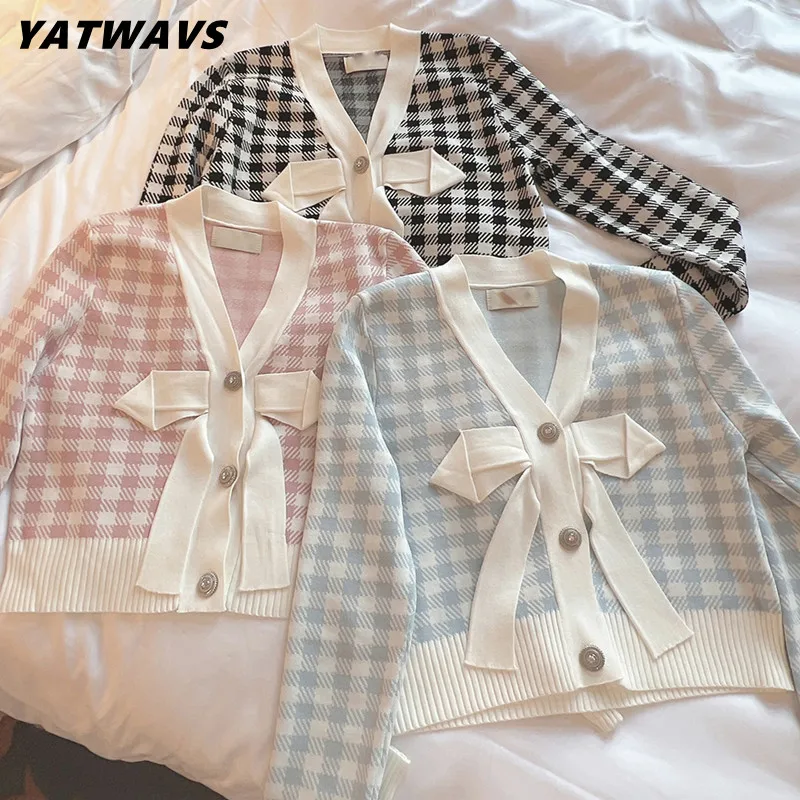 

YATWAVS Women Fashion Contrast Color Sweet Bow Knitting Top Autumn Ladies High Quality Elegant V-Neck Lattice Sweater Tops