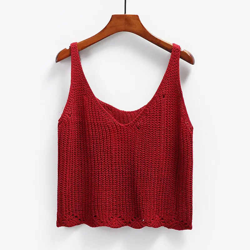 

Красный женский летний тонкий свитер с V-образным вырезом для девушек, кофта, жилет на бретельках, свободная вязаная верхняя одежда, одежда для отдыха, топ, одежда для девушек