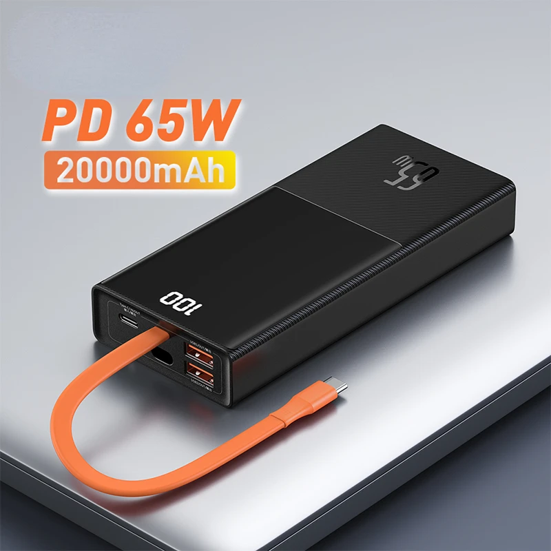 

2022NEW NEW 65W Power Bank 20000mAh with Type C Two-Way Cable External Battery for Phone and Notebook, Three-Port Fast charging