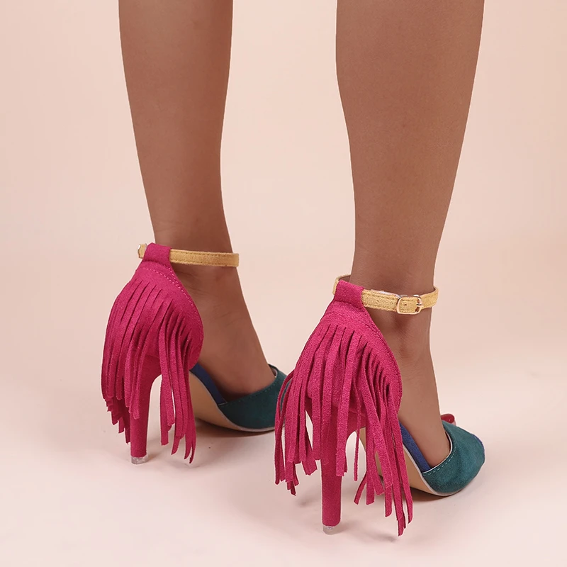 Suede Melancholy Open Toe Sandals Women's Party Shoes Fringe Ankle Buckle Light Sexy Sandals Summer Prom Cutout Designer
