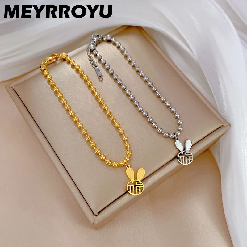 

MEYRROYU 316 Stainless Steel Golden Rabbit Fu Word Pendant Bracelet Bead Chain For Women Fashion Jewelry Gift Bijoux Accessories