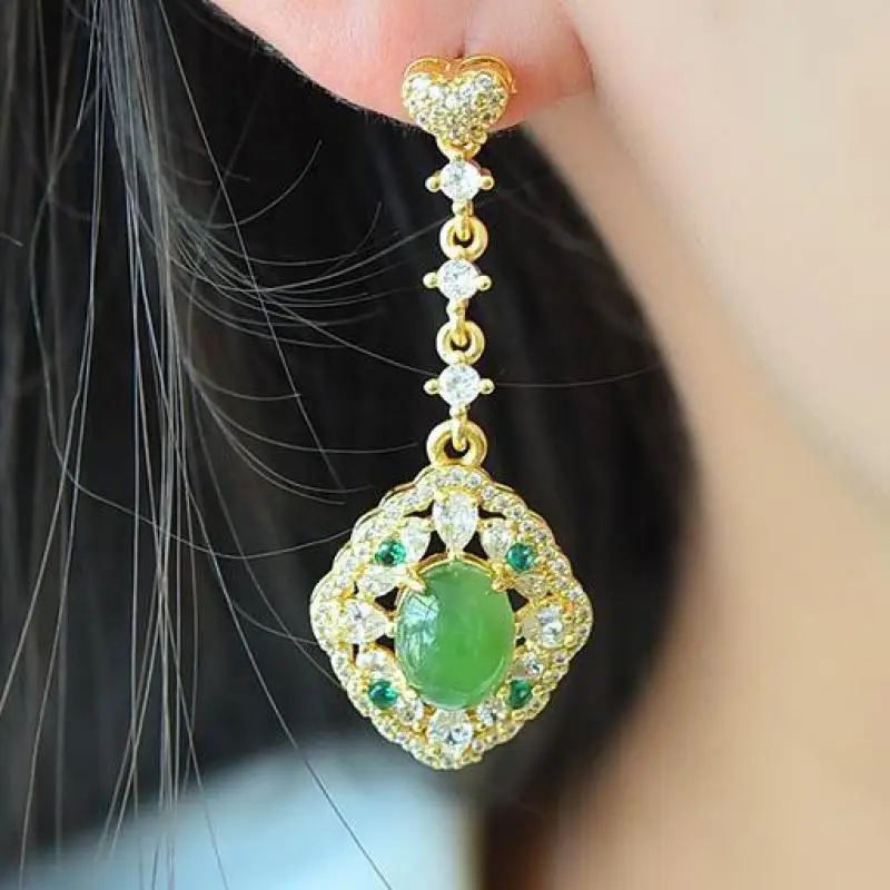 

Natural Green Jade Dangle Earrings Inlaid Emerald Zircon Hetian Jades Nephrite Luxury Drop Earring Women Fine Jewelry Accessorie
