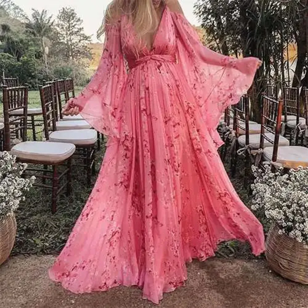 

Sexy Low Cut Women Floral Maxi Dress Long Sleeve Shoulder Off Print Chiffon Beach Dresses