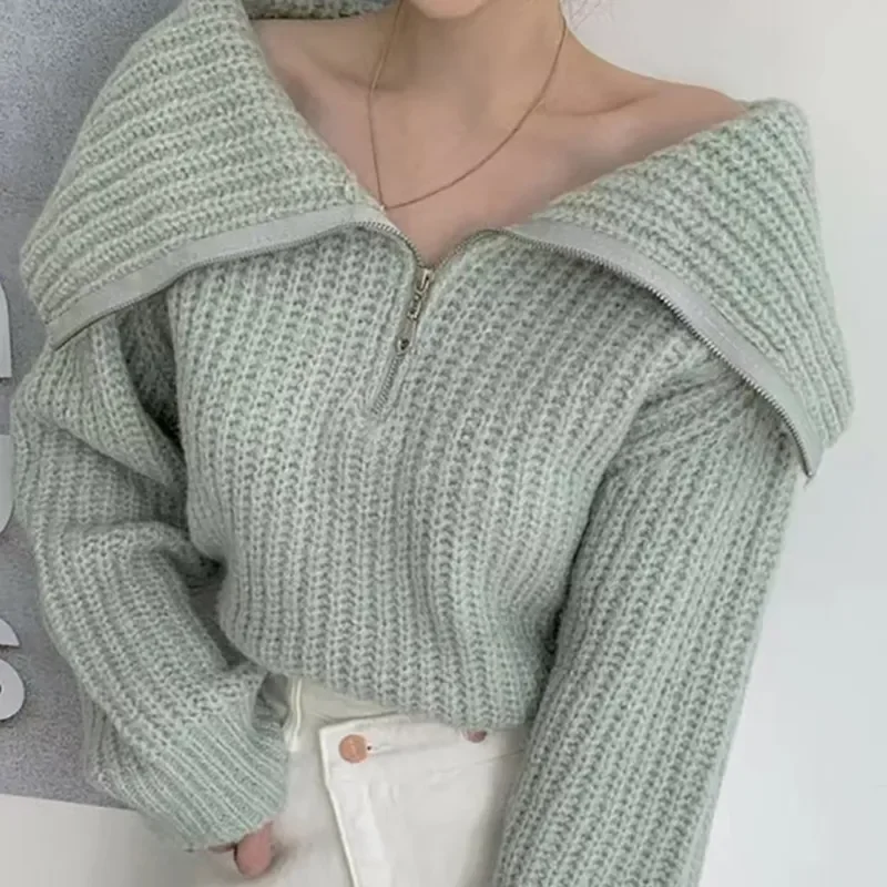 

Women Turn-down Collar Zipper Sweater Long Sleeve Knit Loose Causal Jumper Office Warm Sweater For Women 2023 Fall Winter