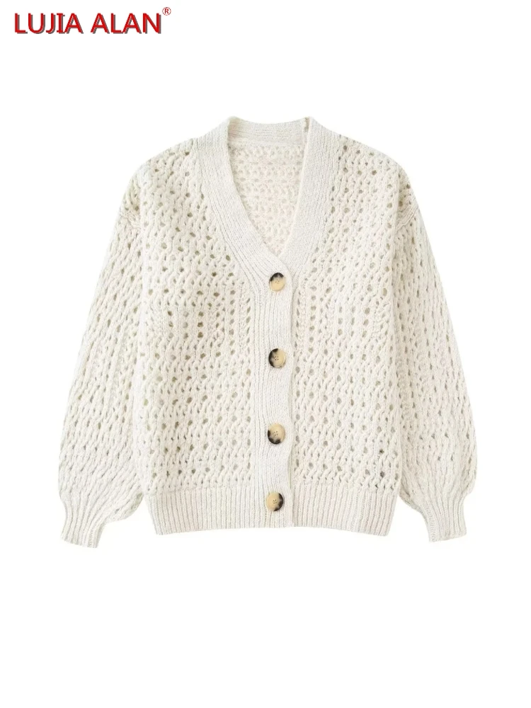 

Women Hollow Out Crochet Knitted Sweater Hot Sale Female V-Neck Long Sleeve Pullover Casual Loose Tops LUJIA ALAN SW1721