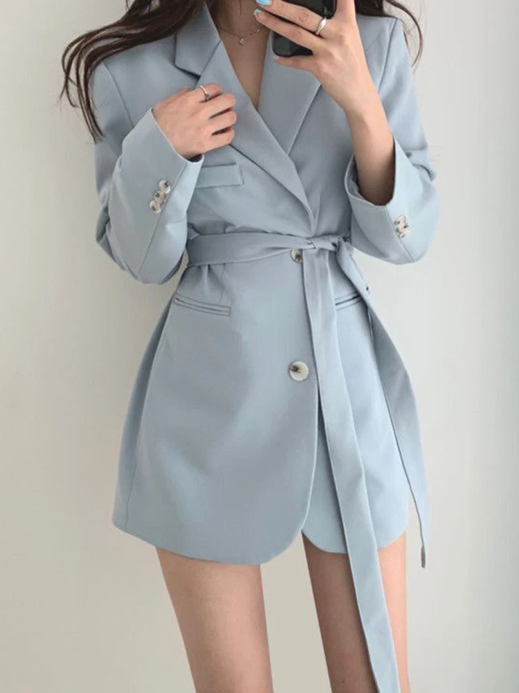 

2022 Autumn New Korean Elegant French Suit Collar Jacket Two Buckle Lace Up Waist Thin Double Pockets Loose Blazer 16Y92