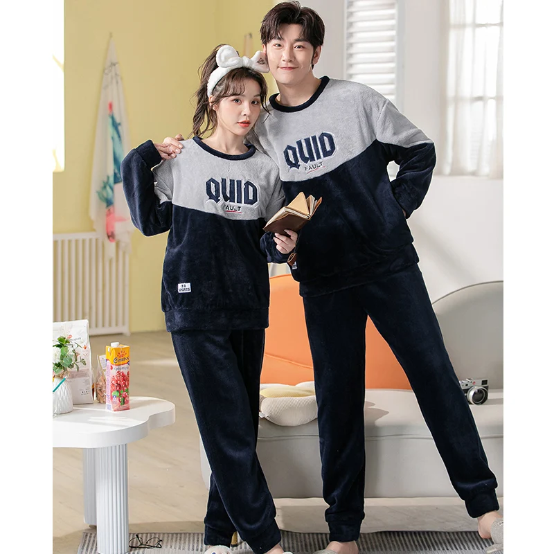 Flannel Plush Winter Couple Pajama Sets Long Sleeve O-Neck Pyjamas For Women Men Lovers Clothing Sweet Cartoon Coral Velvet Suit