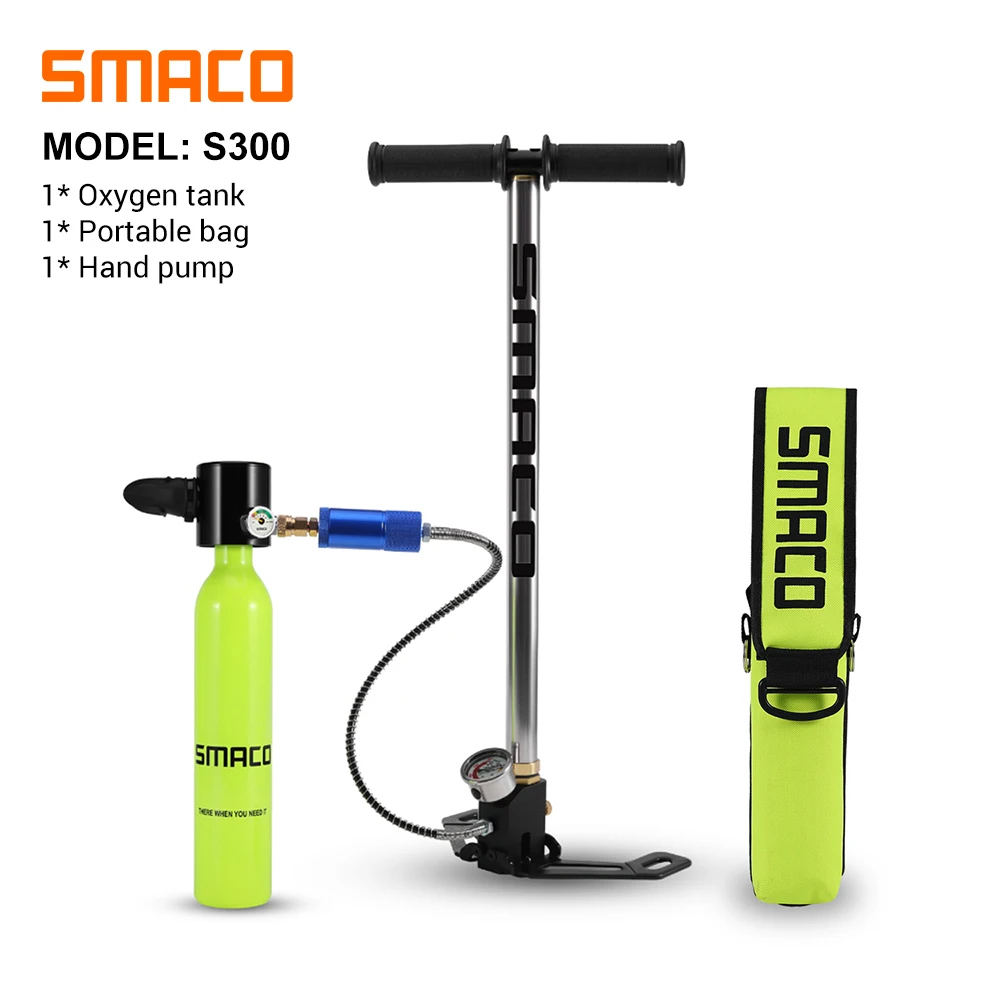 SMACO S300 Mini Scuba Diving Tank/Equipment Dive Cylinder Capability 0.5L Refillable Design Respirator Oxygen Tank Set Hand Pump