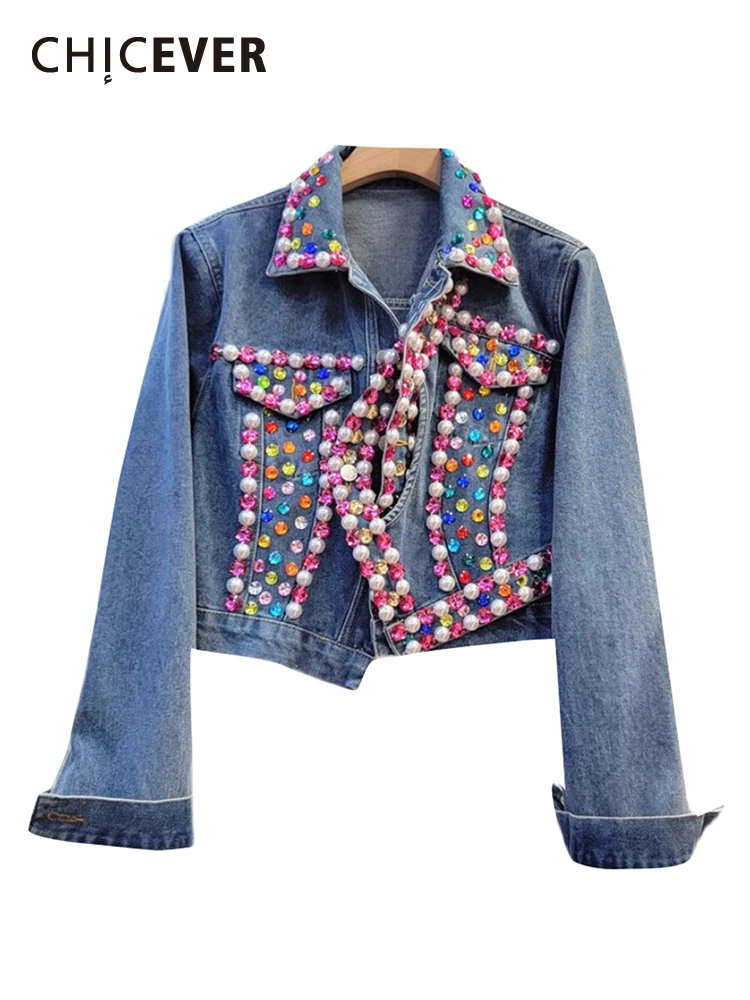 

CHICEVER Fashion Jackets For Women Lapel Long Sleeve Crisscross Irregular Hit Color Spliced Embroidered Flares Denim Coat Female