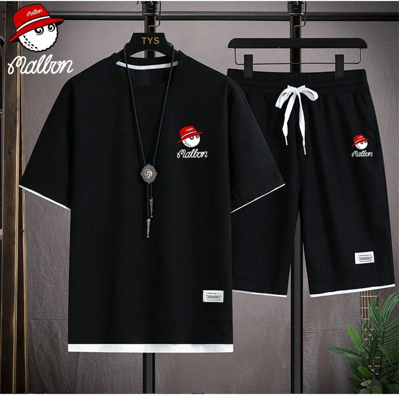 Malbon Summer Men's 2-Piece T-shirt Top+Shorts Sportswear Fashion Printing Loose Harajuku Style Street Apparel Casual Golf Set