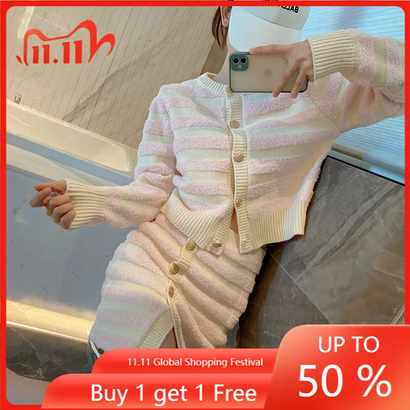 

High Quality Korean Style Xiaoxiangfeng Pink Stripe Knitted Cardigan Women's Short Sweater Coat Short Skirt Top Fashion Set