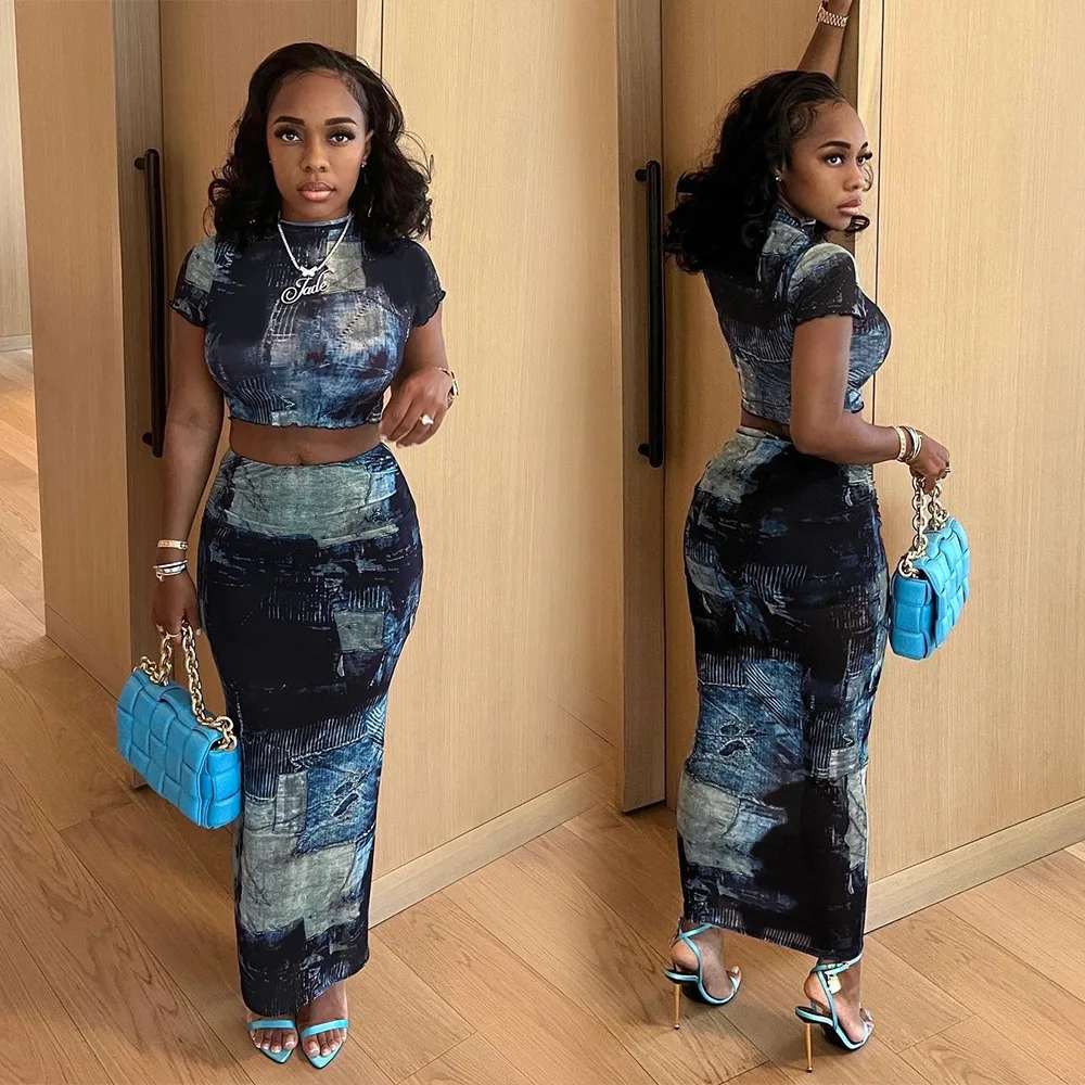 

Женский костюм-двойка с принтом, футболка с круглым вырезом и коротким рукавом + длинная юбка, облегающий костюм, Y2K, Летний сезон 2023