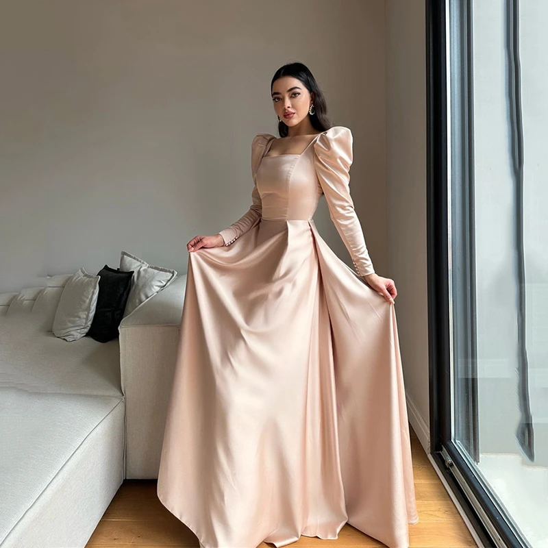 

UZN Classic champagne A-Line Evening Dresses 2023 Square Collar Prom Dress Long Sleeves Saudi Arabic Party Gowns New Arrive