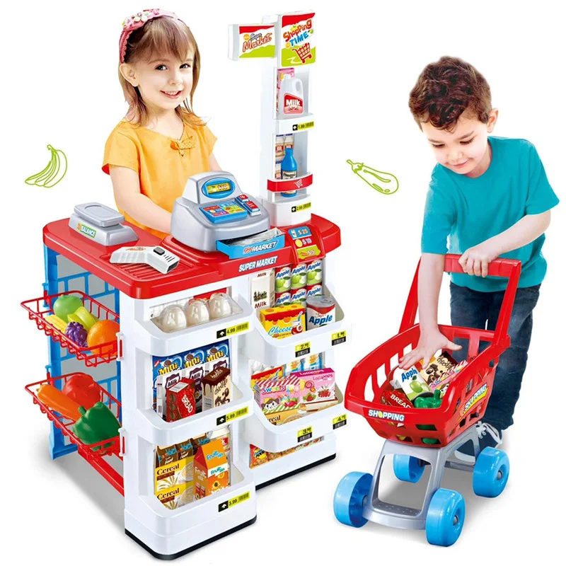 

New Children's Simulation Supermarket Vending Counter Shopping Cart Combination Set Playhouse Supermarket Scan Cash Register Toy