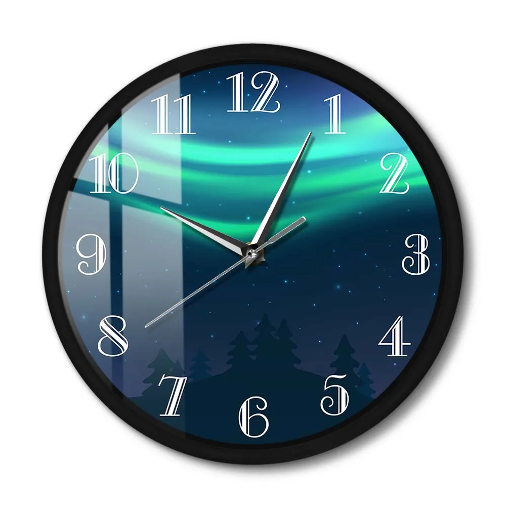 

Nature Landscape Aurora Borealis Artwork Metal Frame Wall Clock Green Northern Light Silent Wall Watch For Living Room Bedroom