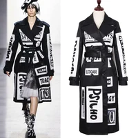 high quality spring and autumn letters pattern black long trench coat for women long sleeve loose double breasted windbreaker