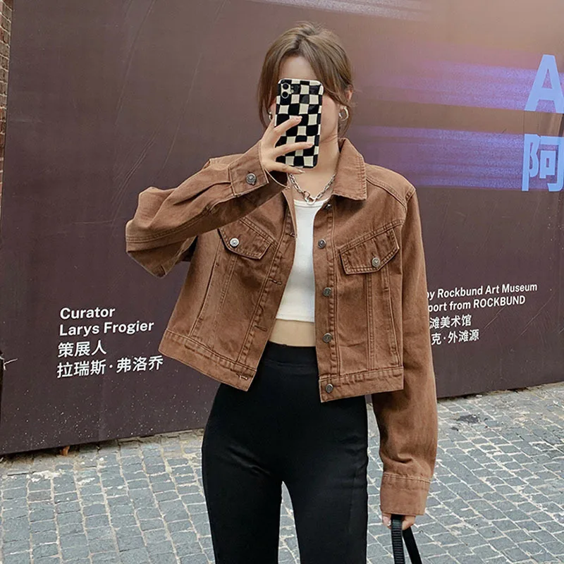 Винтажная короткая джинсовая куртка цвета хаки свободная повседневная женская