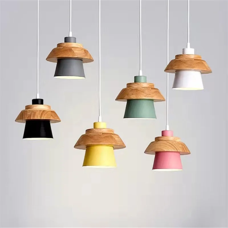 

Nordic Pendant Lamps Modern Minimalist Macarons Iron Wood Bowl For Bar Cafe Restaurant Living Room Decor Study Office Chandelier