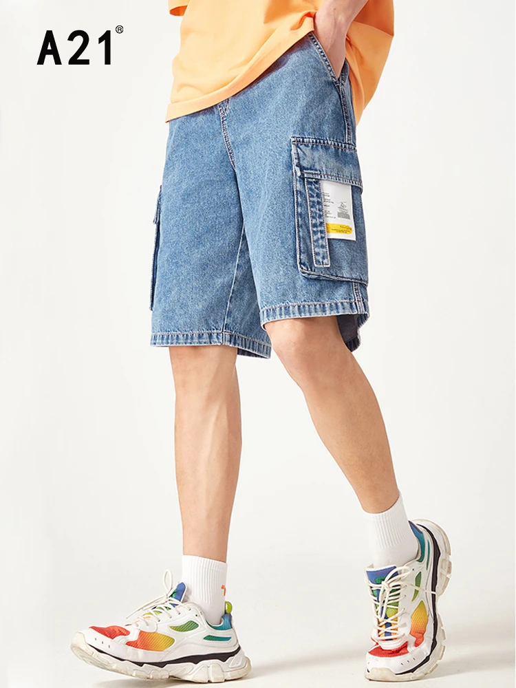 

A21 Summer Jean Shorts for Men 2022 Simple Casual Loose Straight Denim Cargo Pants Male 100% Cotton Baggy Drawstring Short Jeans