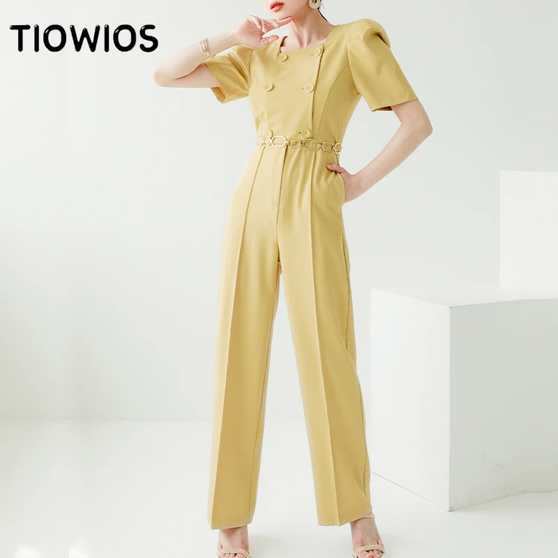 

TIOWIOS 2022 Summer Dress New Korean Temperament Slim Square Collar Double-breasted Professional Women's Pants Jumpsuit Women