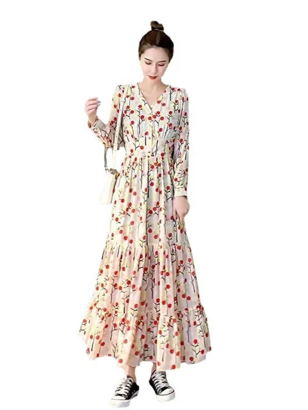 Женское шифоновое платье с V-образным вырезом длинным рукавом