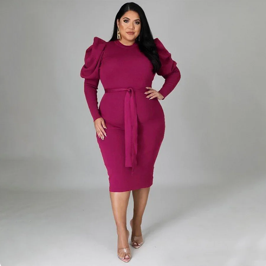 Plus Size Dresses O-Neck Solid Lace Up Knee-length Long Sleeve Elegant Long Women's Overalls Party Dress High Street Sheath Full