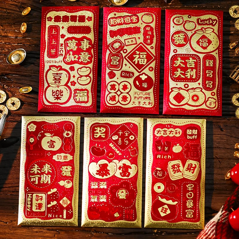 6pcs Cute 2025 The Year Of Snake Spring Festival Red Envelopes Luck Money Bag Bless Pocket Packet Chinese New Decor