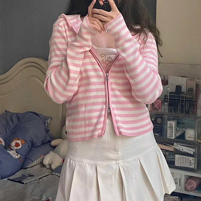 

Pink Cardigans Women Autumn Winter 2023 Stretchy Striped Knitted Tops Zipper ded Sweaters Harajuku Kawaii Clothes