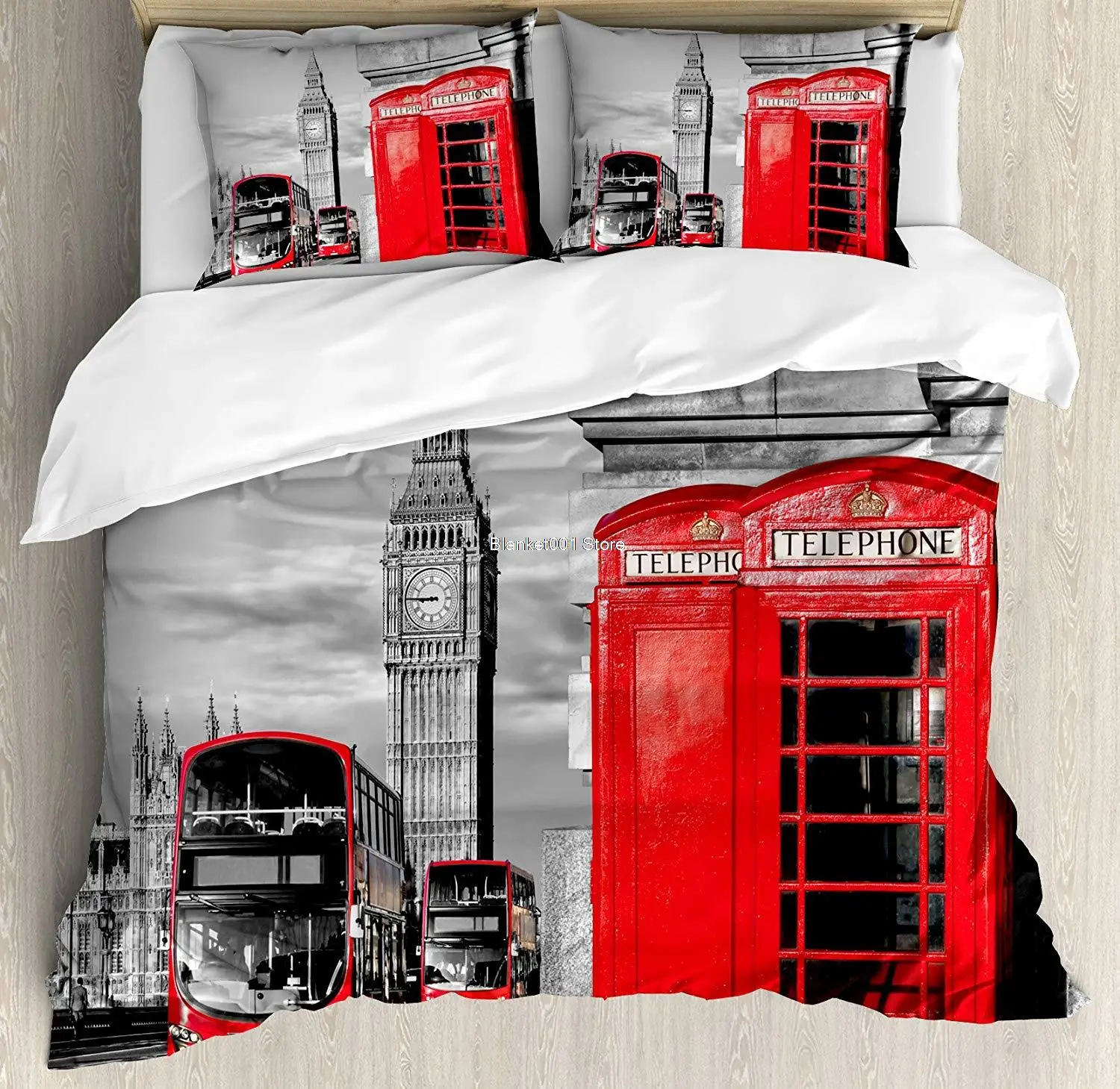 

London Duvet Cover Set London Telephone Booth in The Street Traditional Local Cultural England UK Retro Decorative 3 Piece Bed
