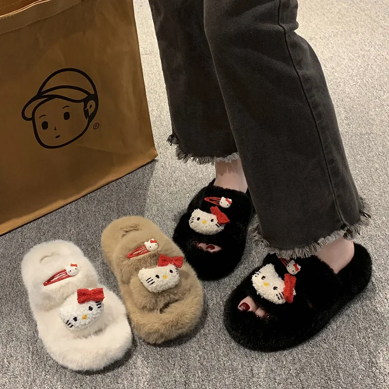 

Ins Same Style Sanrio Hello Kitty Cute Plush Slippers Thick-Soled Kitty Autumn and Winter Comfortable Soft-Soled Furry Shoes