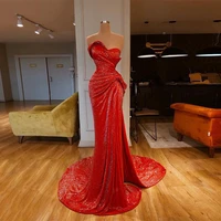 red mermaid evening dress sweetheart sleeveless sparkling sequin prom dresses sweep train celebrity gown for women 2022