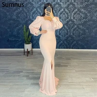 sumnus 2022 vintage pink slim slit mermaid evening dresses puff sleeveless floor length prom dresses robe de soir%c3%a9e de mariage