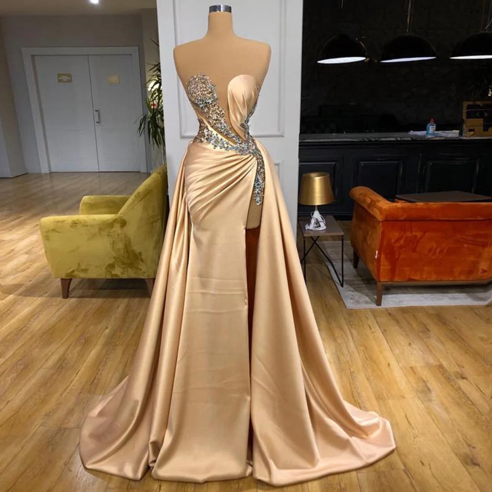 

Sexy Champagne Evening Dress Beading Crystal Stones Sweetheart Illusion Evening Gown Thigh Slit Pleat Luxury Mermaid Party Dress