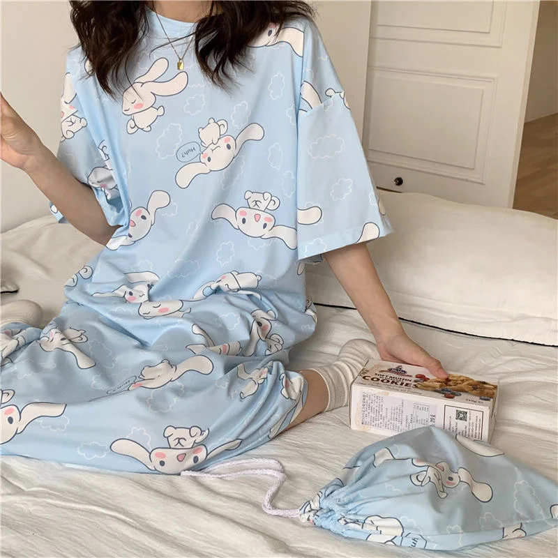 

Summer Pajamas Girl's Home Clothes with Storage Bags Thin Short-sleeved Pajamas Large Loose Cartoon Students Sanrio Series