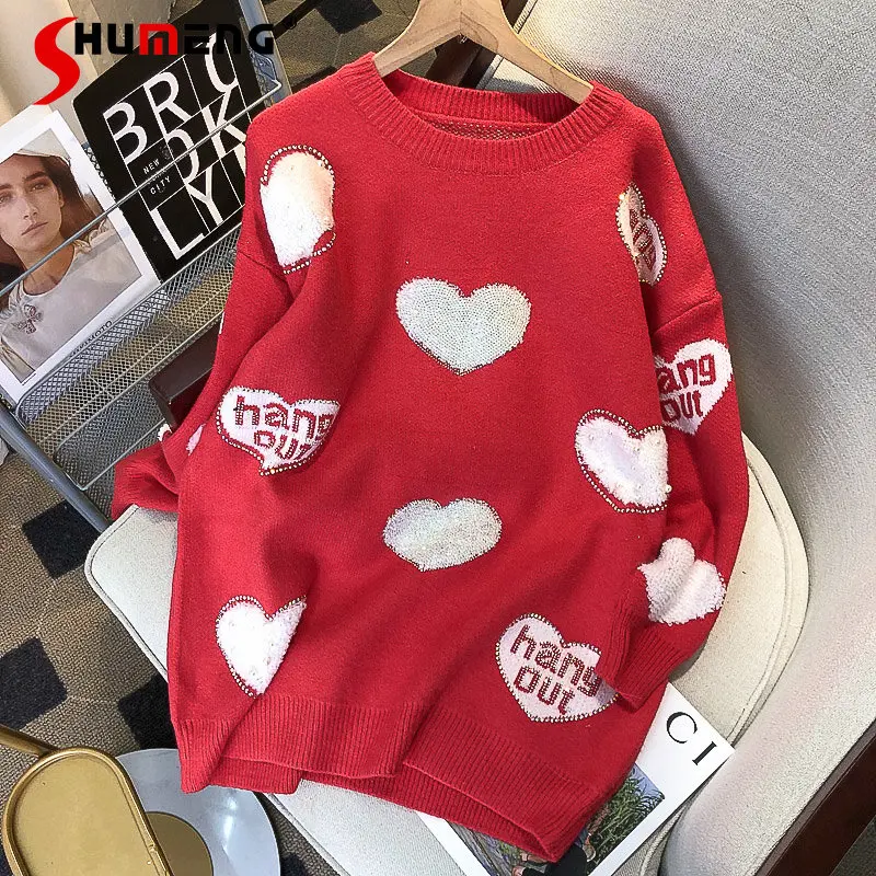 

European New Women's Fashion Sweet Heart Pullover Sweater Ladies Elegant Trendy Beads Idle Style Mid-Length O-neck Knitted Top