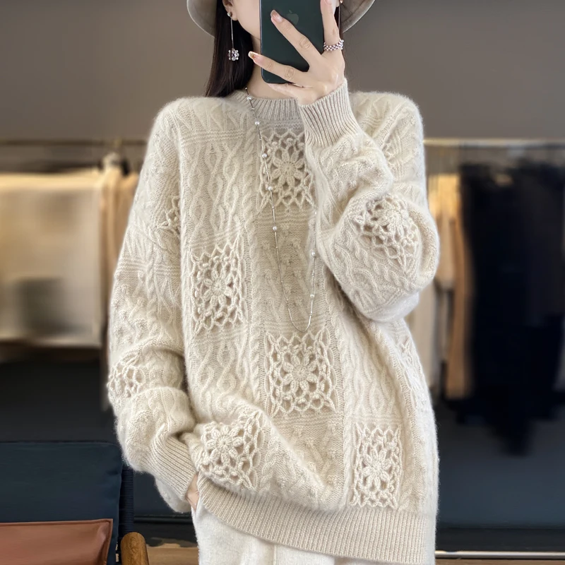 Осенне-зимний женский свитер с круглым вырезом и длинными рукавами