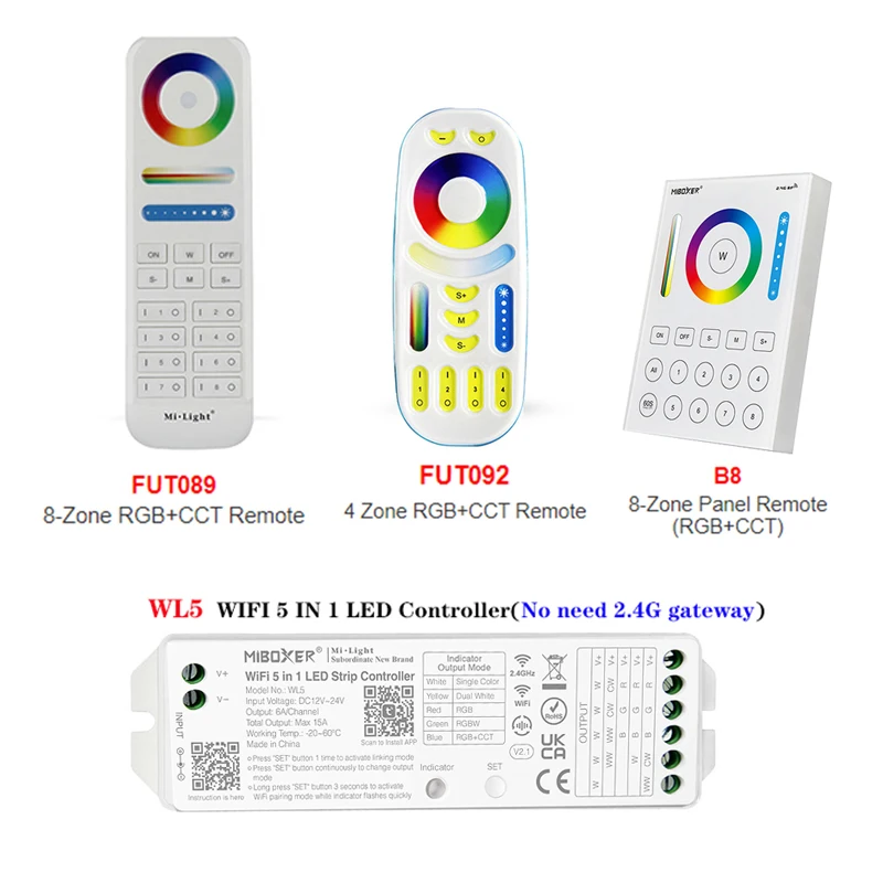 WL5 Wifi 5 in 1 Led Controller led strip light;2.4G Hz Remote:FUT092,8 Zone FUT089,B8 Wall-mounted Touch Panel