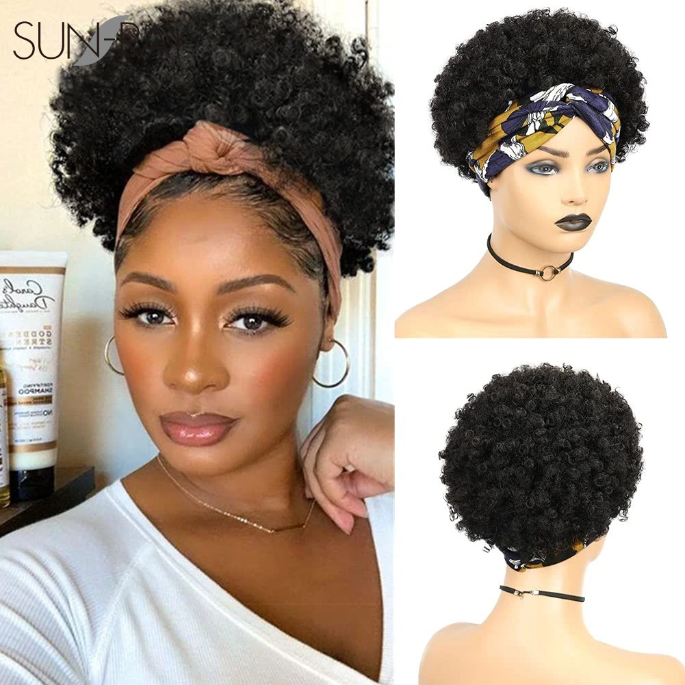 

Short Afro Kinky Curly Headband Wig Human Hair Wigs For Women Full Machine Made Brazilian Remy CheapTurban Wigs Wigs Black Color