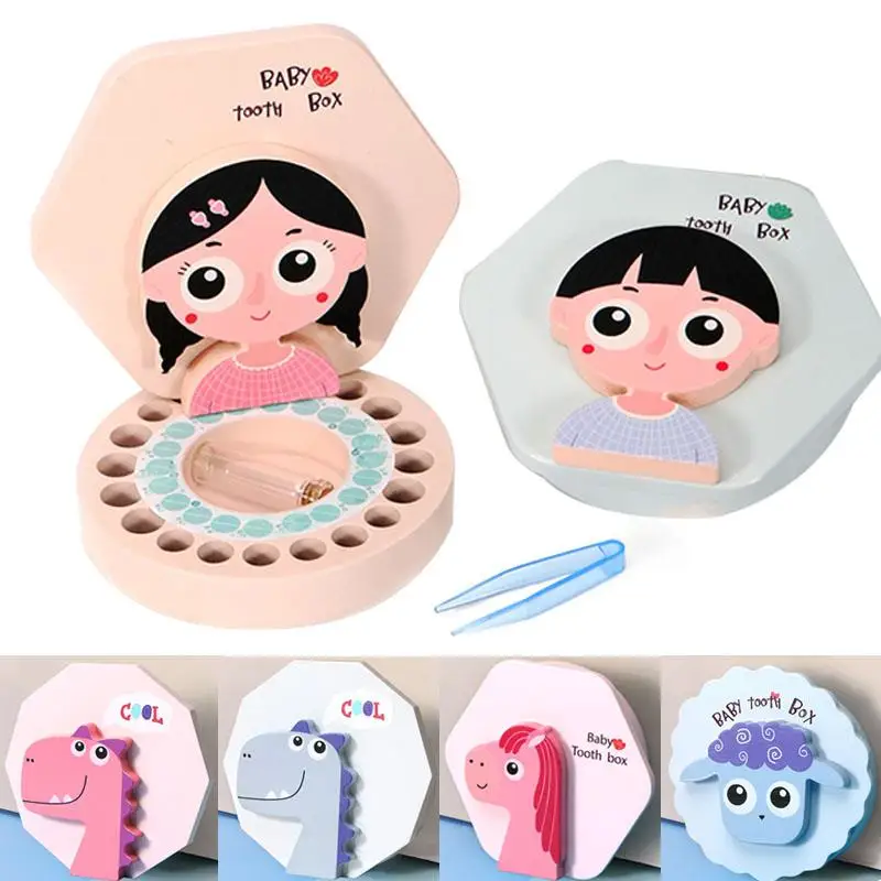 Cartoon Wooden Baby Tooth Box English Milk Teeth Umbilical Organizer Storage Boys Girls Souvenir Case Baby Gifts