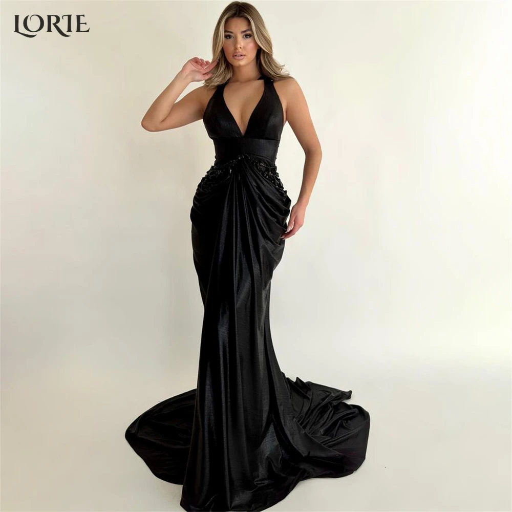 

Роскошные черные вечерние платья LORIE с юбкой-годе облегающее платье с бисером с глубоким V-образным вырезом без рукавов для выпускного вечера яркое платье