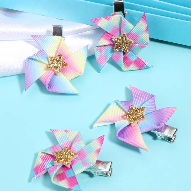 

4Pcs 2" Rainbow Windmill Hair Clips For Women Girls Pinwheel Mini Grosgrain Ribbon Hairpins Barrettes Hairgrip Hair Accessories