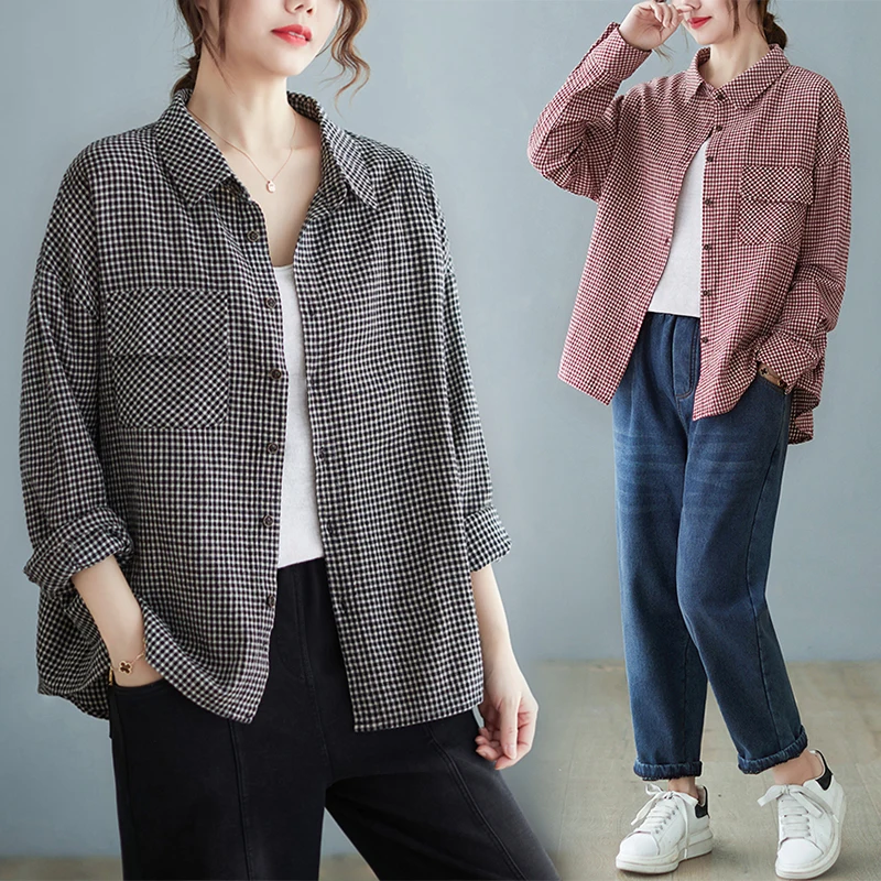 

Cotton Linen Long Sleeve Plaid Shirt Women's New Spring 2022 Loose Casual Shirt Versatile Top