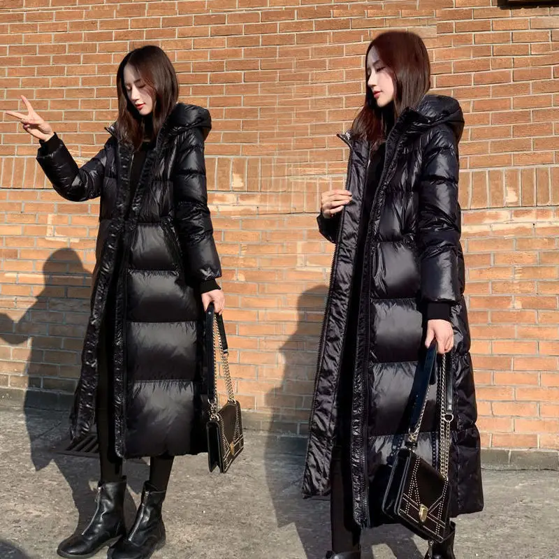 Black Glossy Parka Coat Women New Fashion Thicken Winter Hooded Loose Long Jacket Female Windproof Rainproof Warm Parkas Outwear